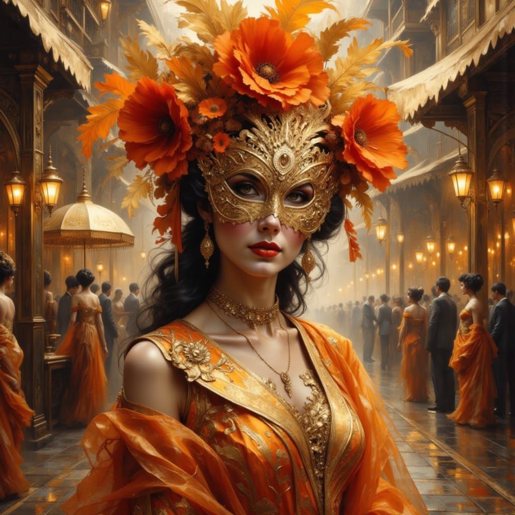Woman in Ornate Mask with Carnival Background