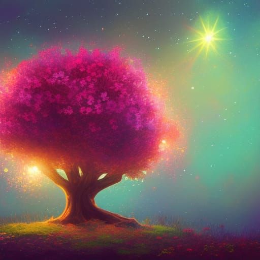Tree with Flowers in Cosmic Colors, Fantasy Illustration