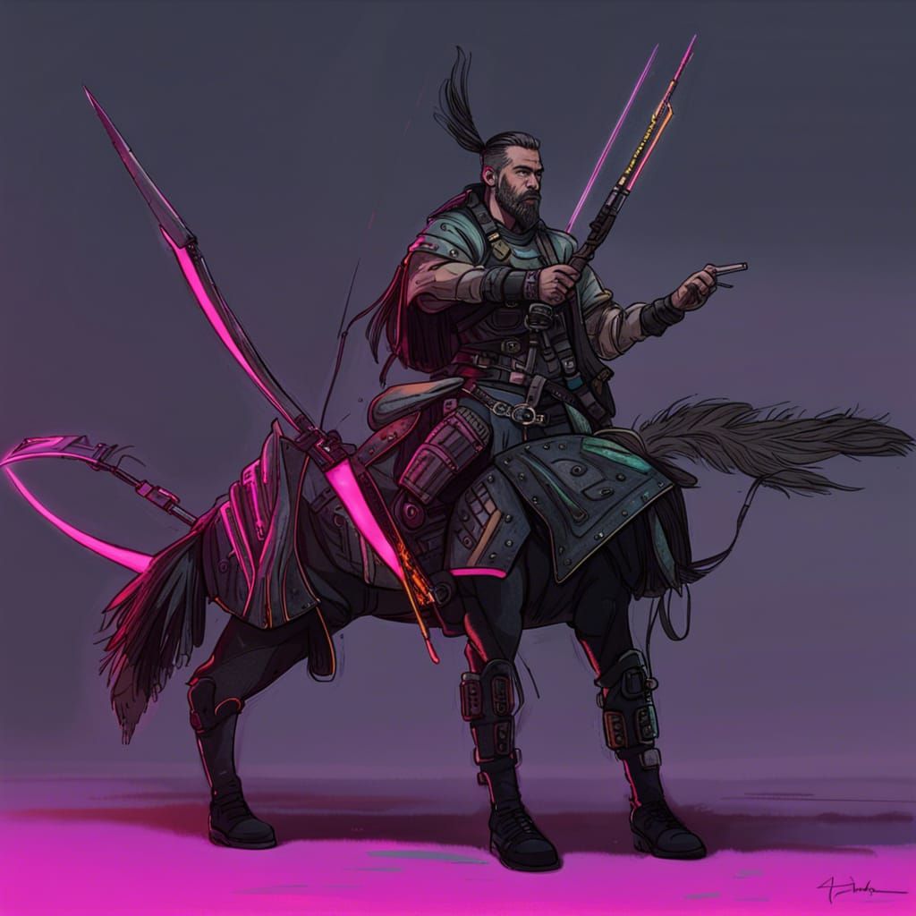 Cyberpunk Attila the Hun in Neon Cityscape