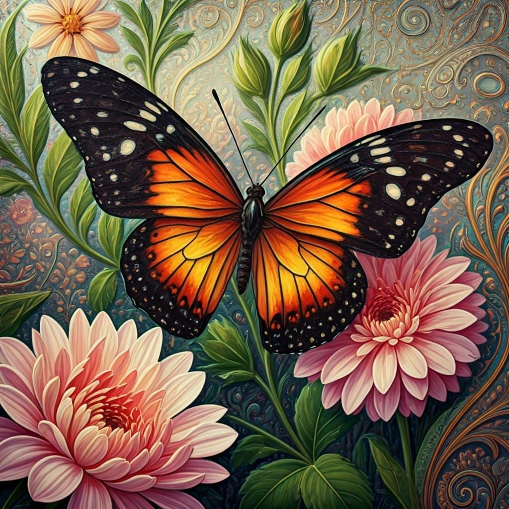 Butterfly with Paisley and Crystal Details as Oil Painting