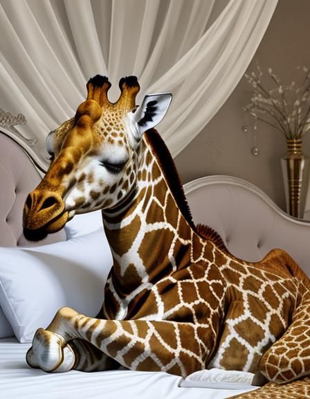 a stunning model sleeping on a fancy white bed with a giraffe