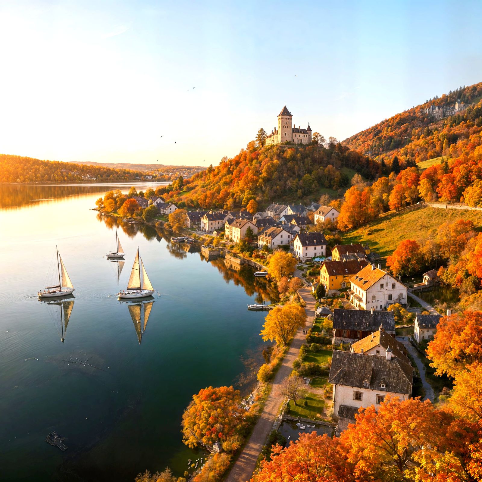 Cozy Autumn Village by Lake with Castle