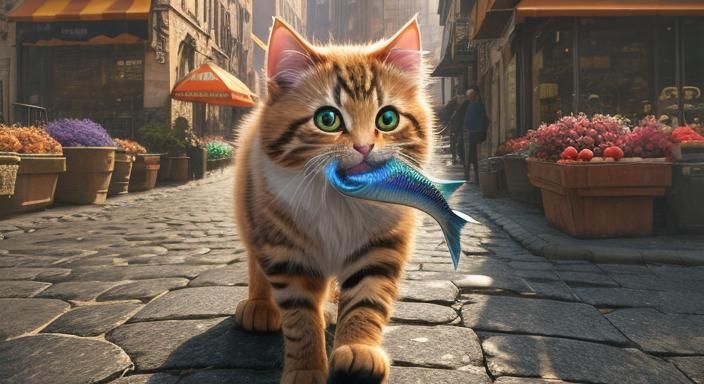 Kitten with a fish gripped in its mouth navigates a sunlit c...