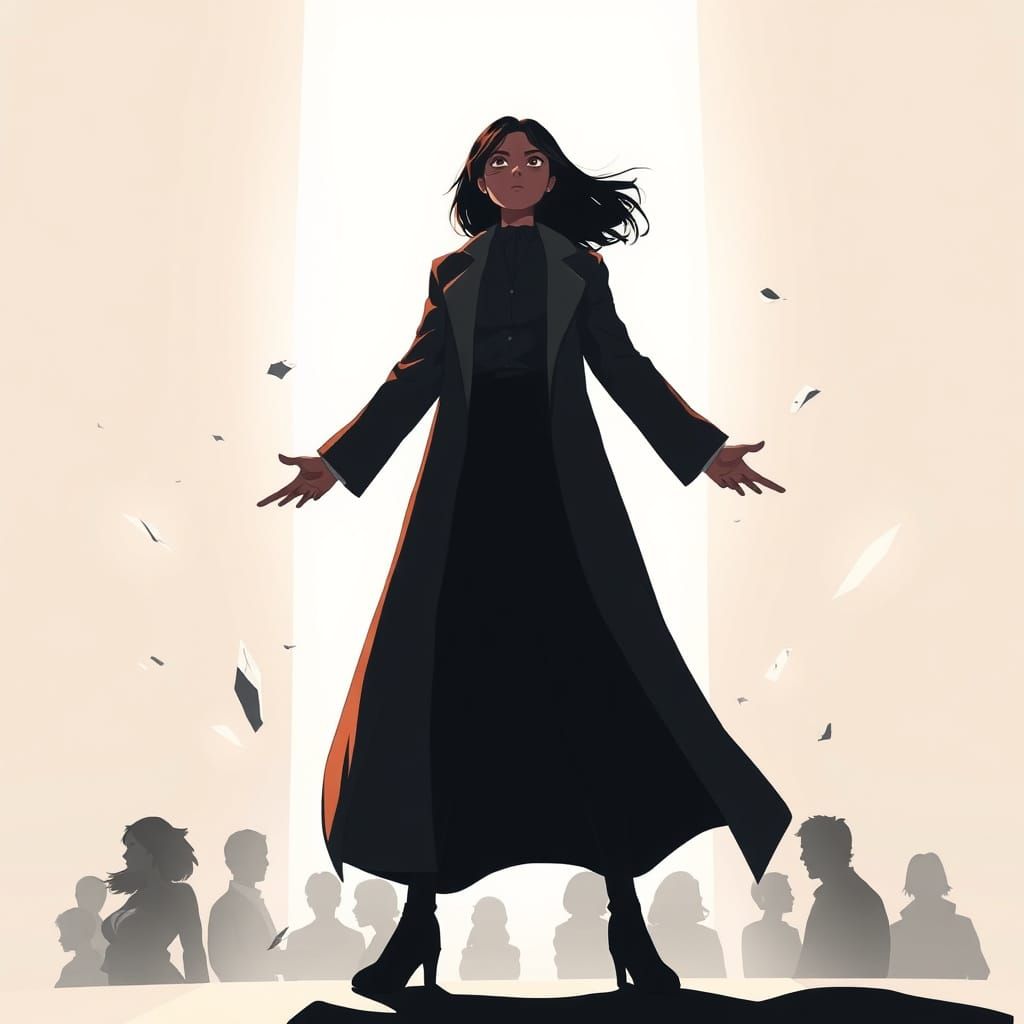 Woman Defying Light: Minimalist Manga-Inspired Silhouette