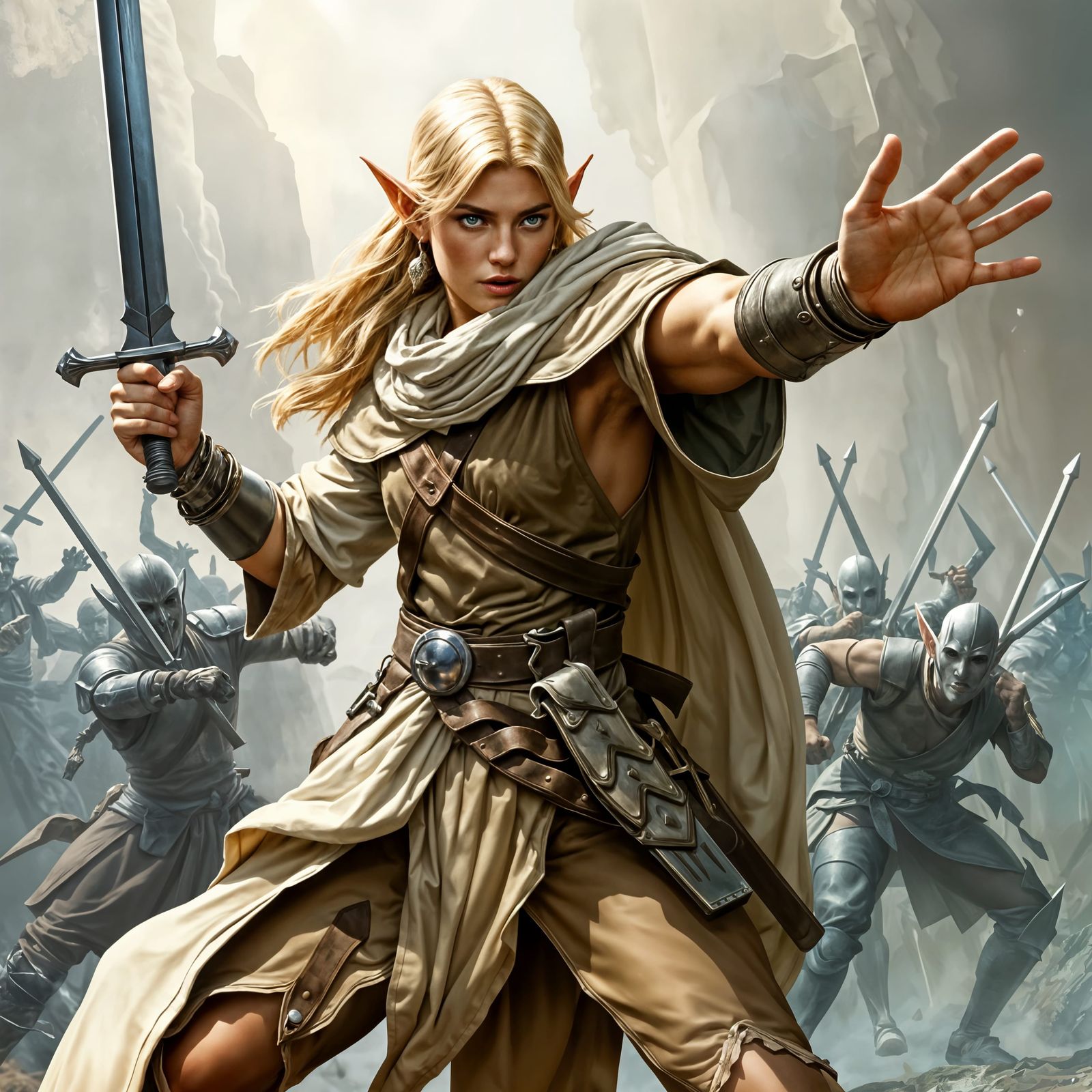 Elf Jedi Knight in Combat, Fantasy D&D Art