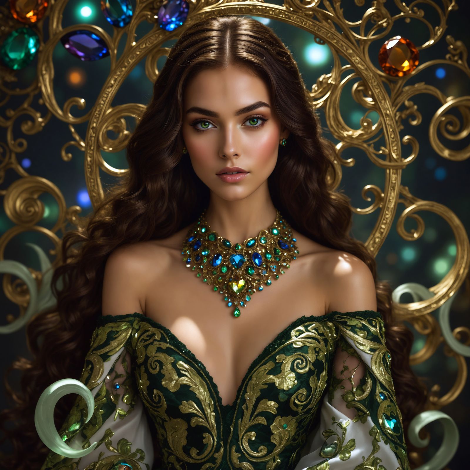 Vibrant Portrait of Woman in Brocade Gown, Digital Art