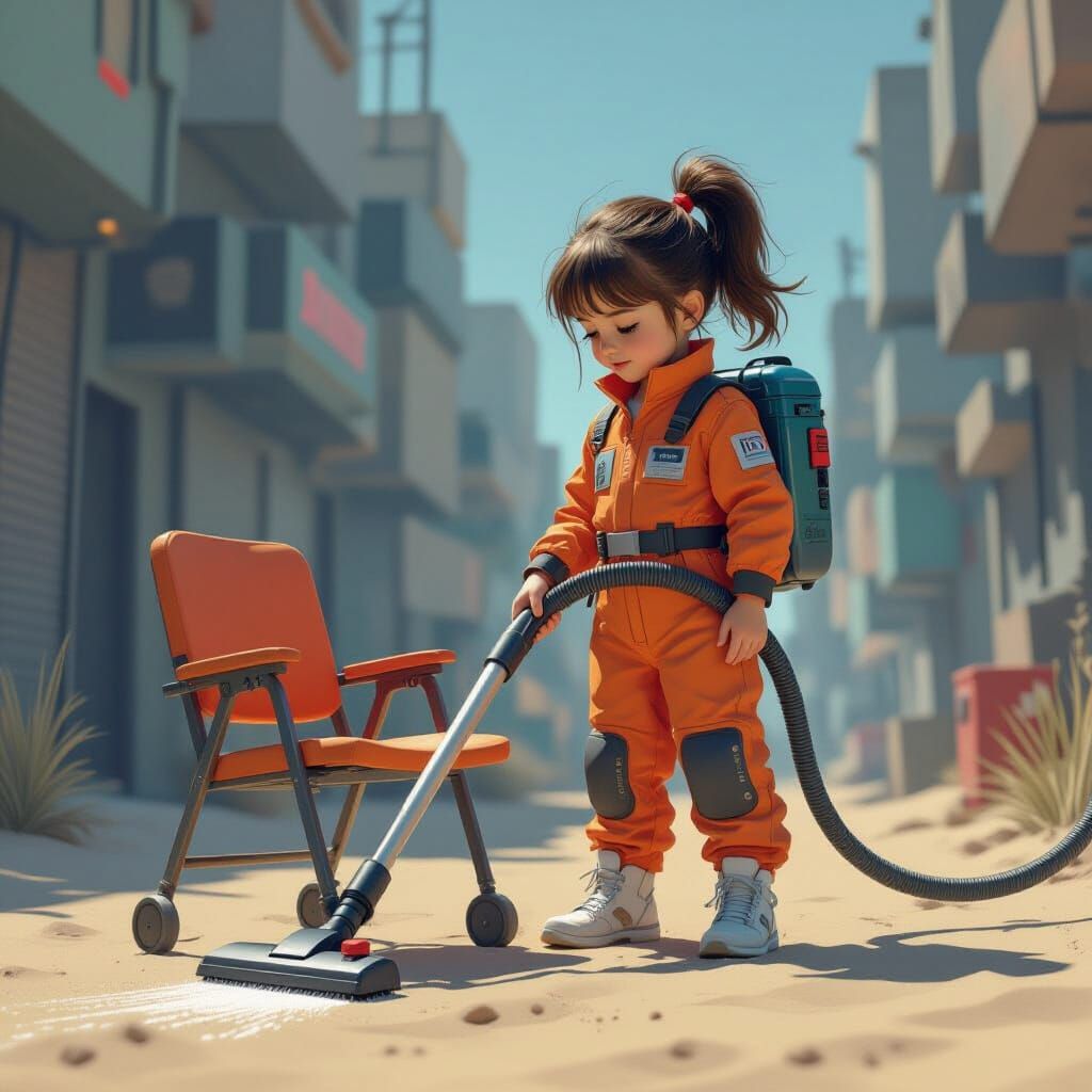 Girl Cleans Miniature Chair in Futuristic Style