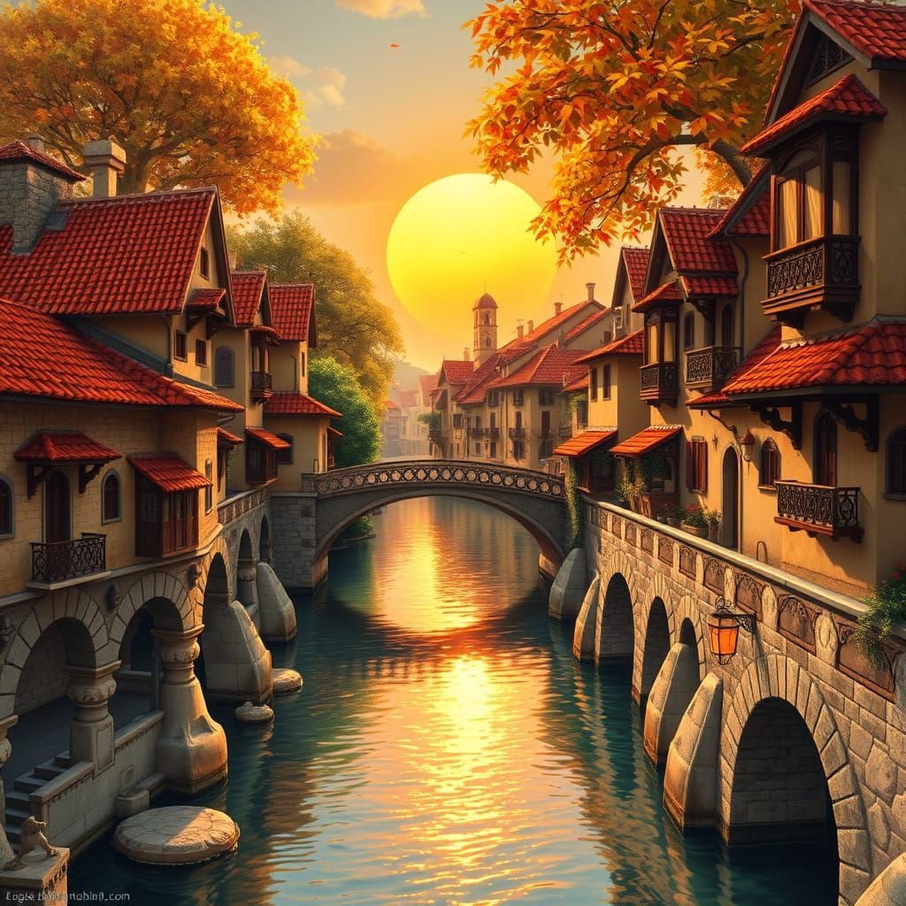 Whimsical Mediterranean Village in Warm, Golden Hues