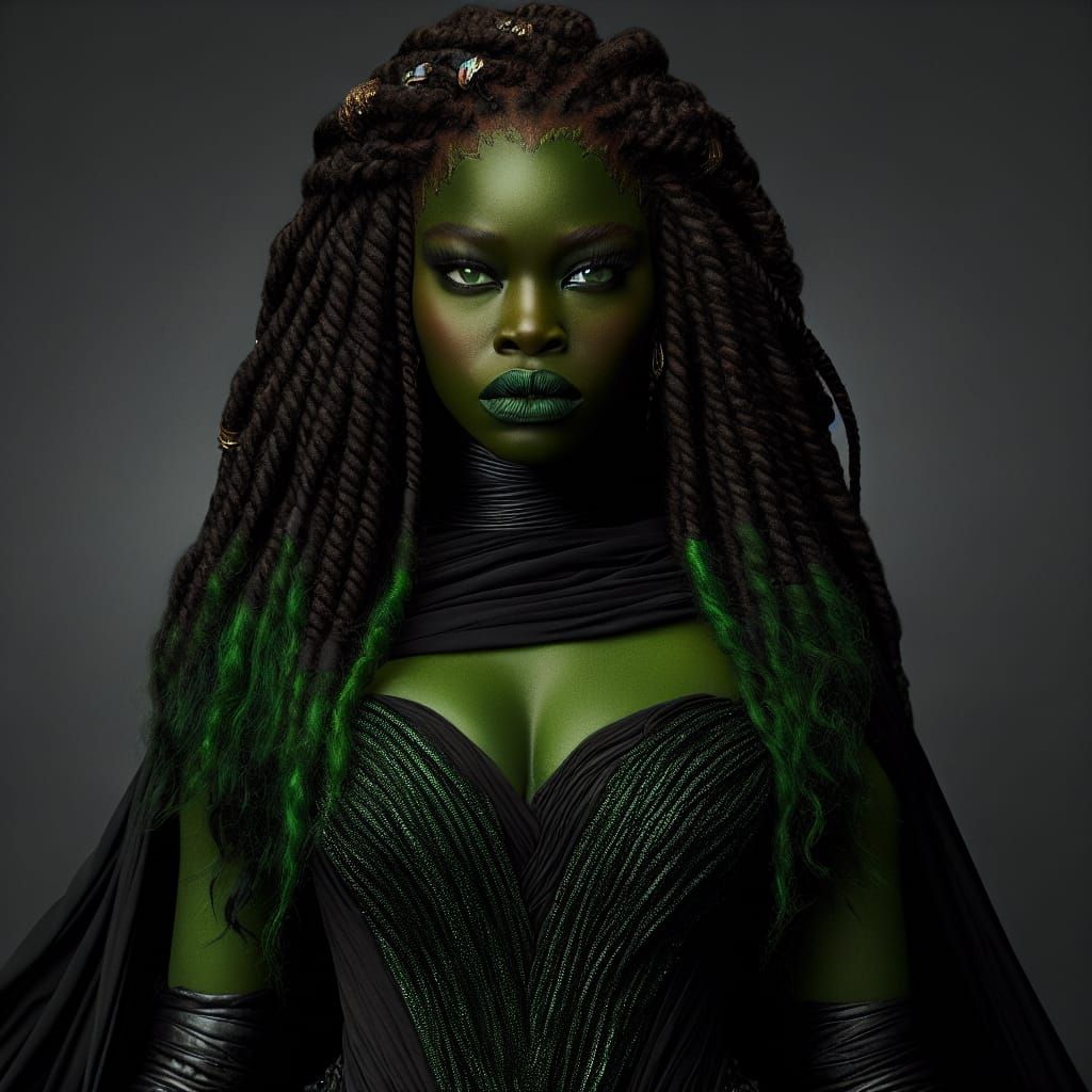 Empowered Black Goddess with Green Skin