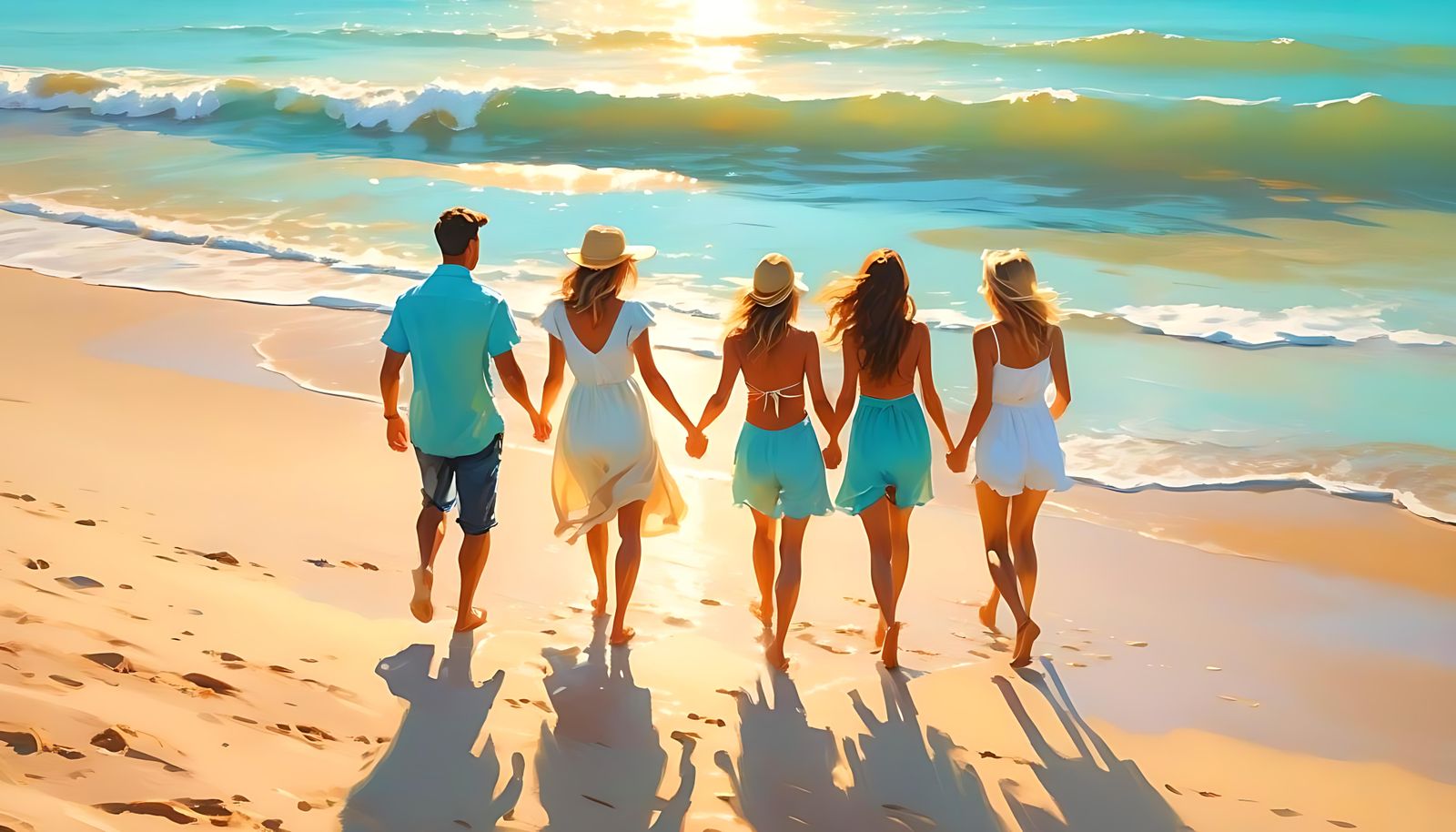 Impressionist Beach Scene with Friends in Summer