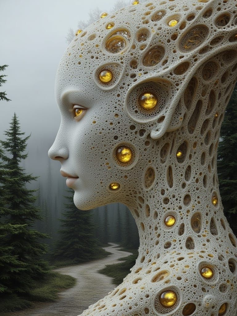Surreal Landscape with Luminous Orbs and Contemplative Figur...