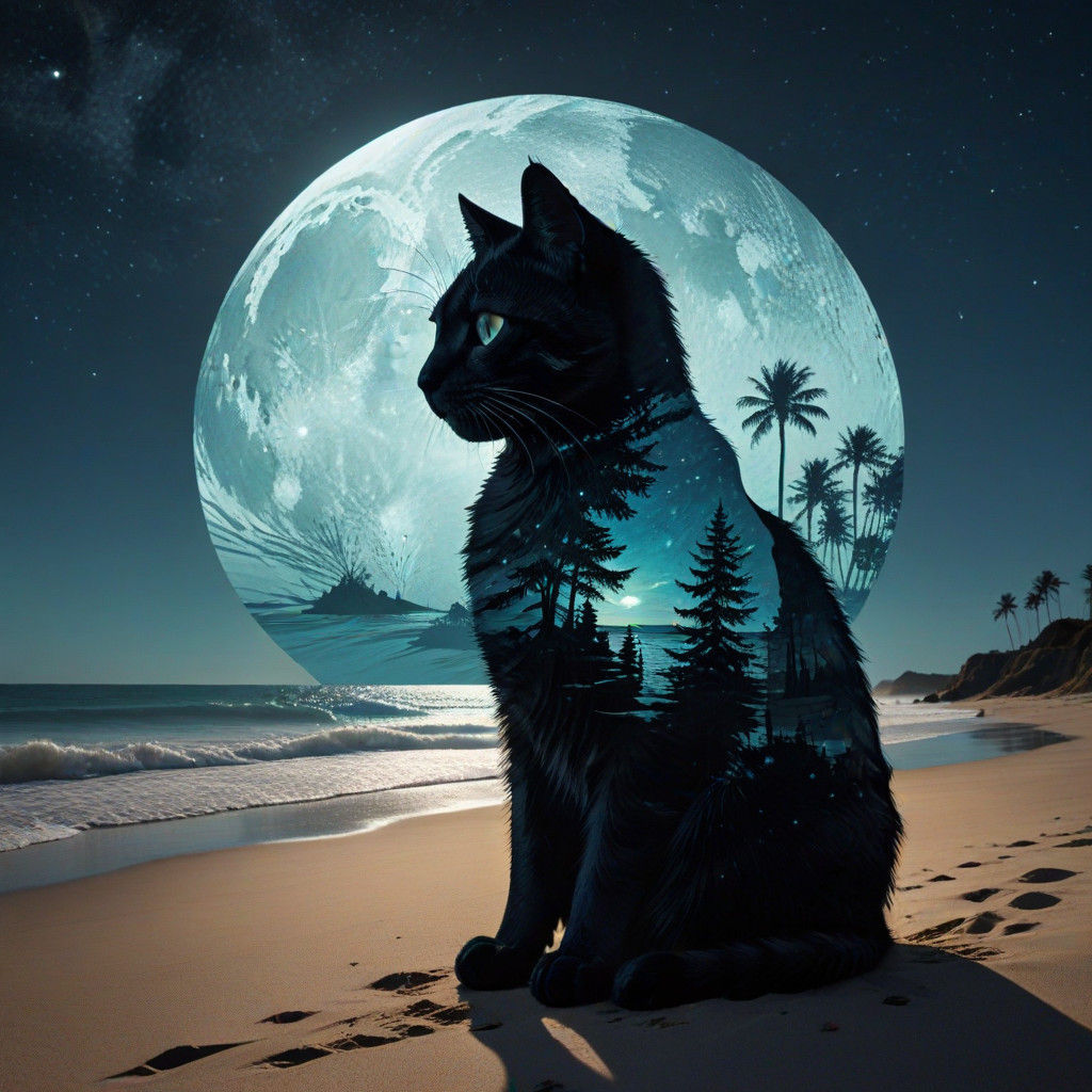 Moonlit Beach Silhouette of a Cat