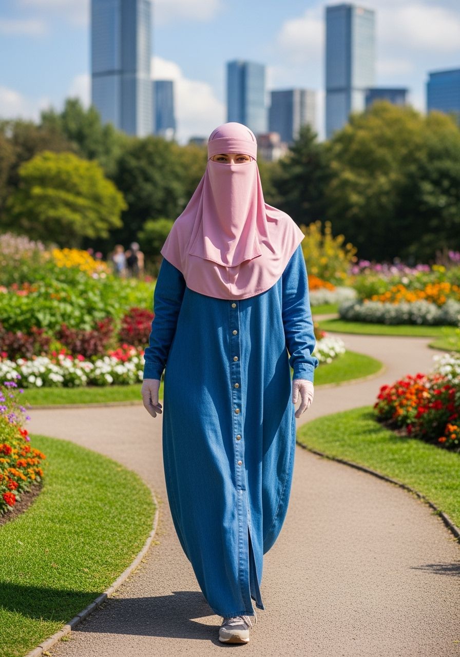 Woman in Niqab Walks Through Vibrant City Park