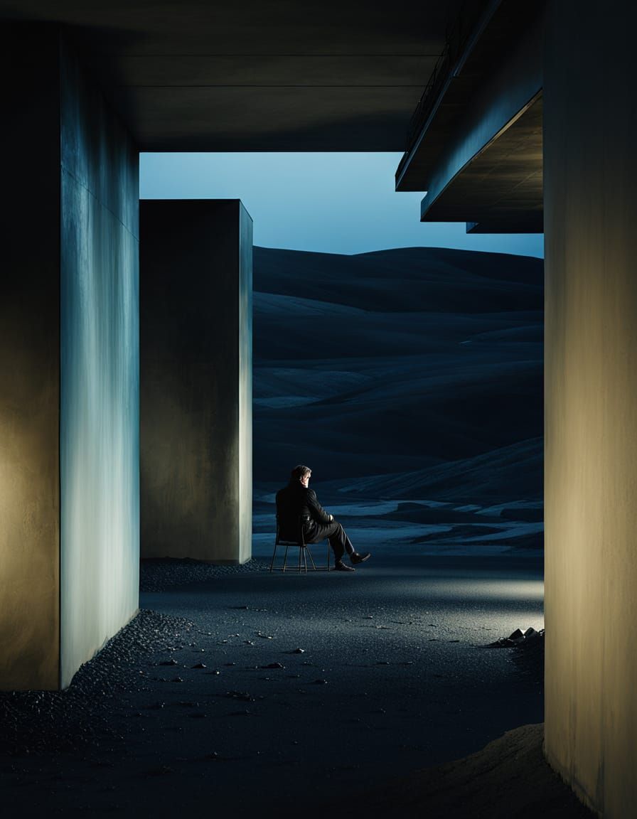 Lone Figure in Desolate Landscape