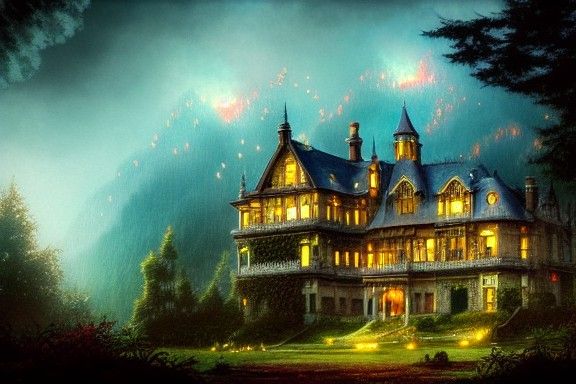 Edwardian Chateau in Misty Mountains with Lightning
