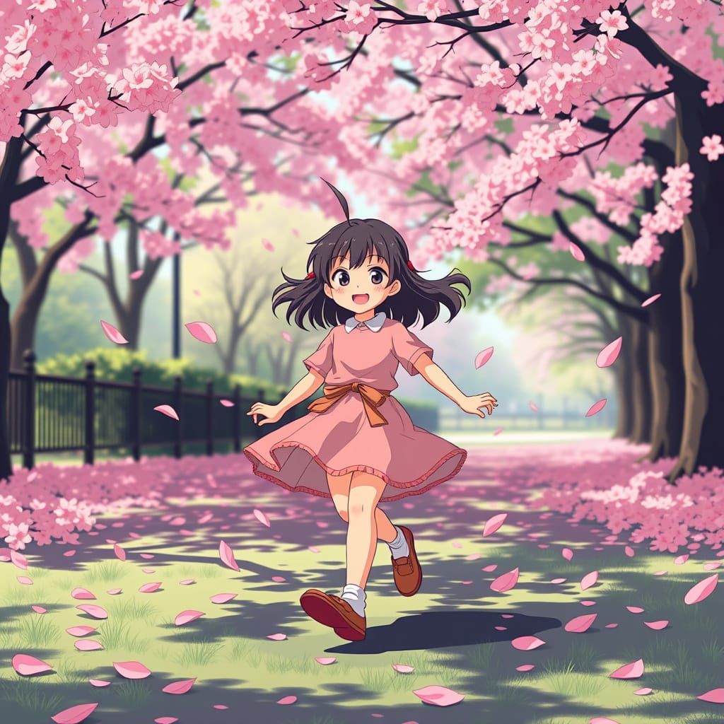 Girl Twirling Amidst Falling Cherry Blossoms in Manga Style