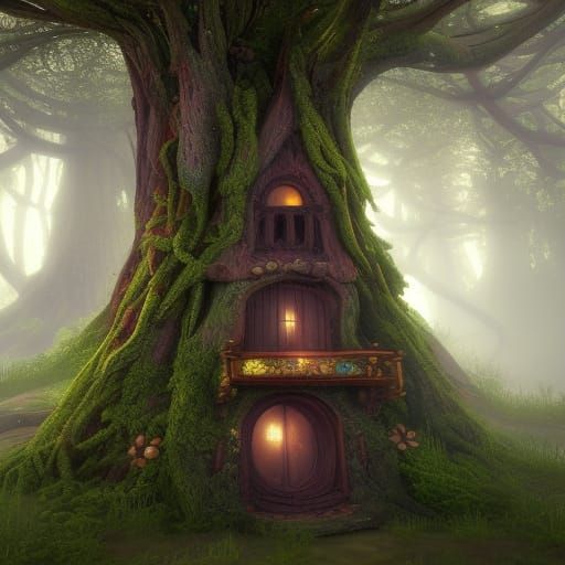 Fantastical Old Tree Fairy House in Detailed Matte Painting