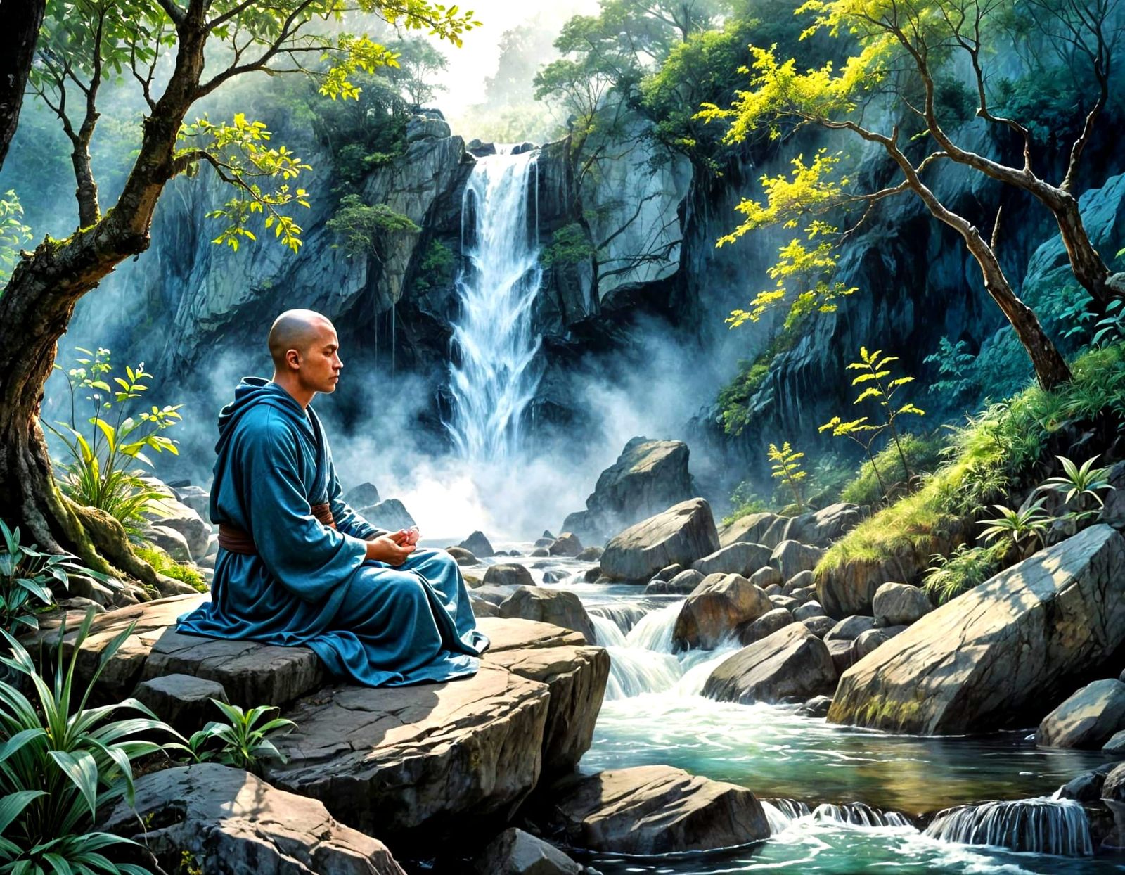 Monk Meditating by Misty Waterfall in Watercolor and Ink
