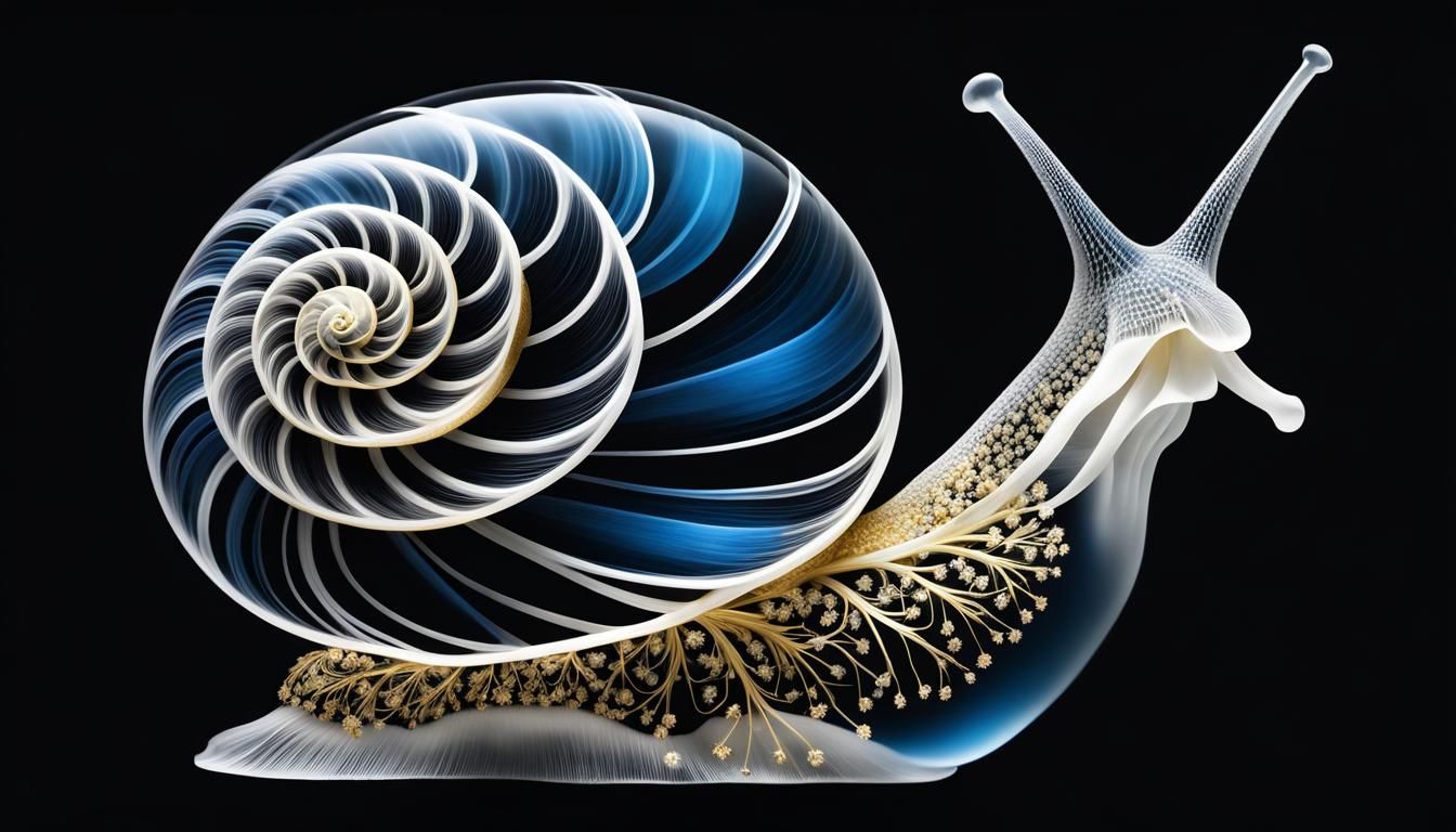 perfect snail,  X-ray, see through, digital art, shishkin, black background, floral transparency, gold line, transparent...