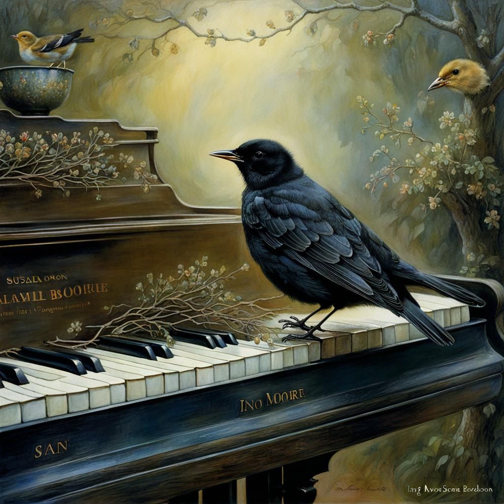 Blackbird Chick on Piano, Whimsical Illustration