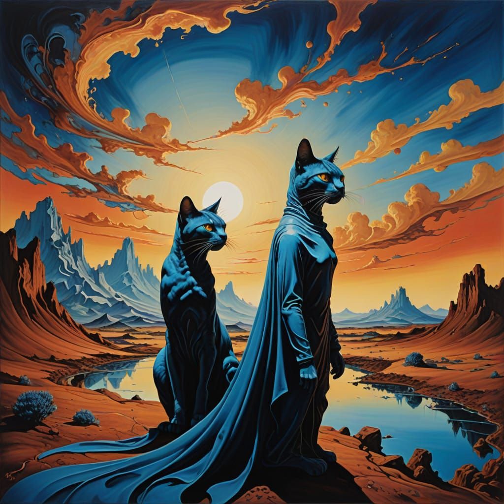 Whimsical Feline-Human Hybrids in Dali-Inspired Landscape