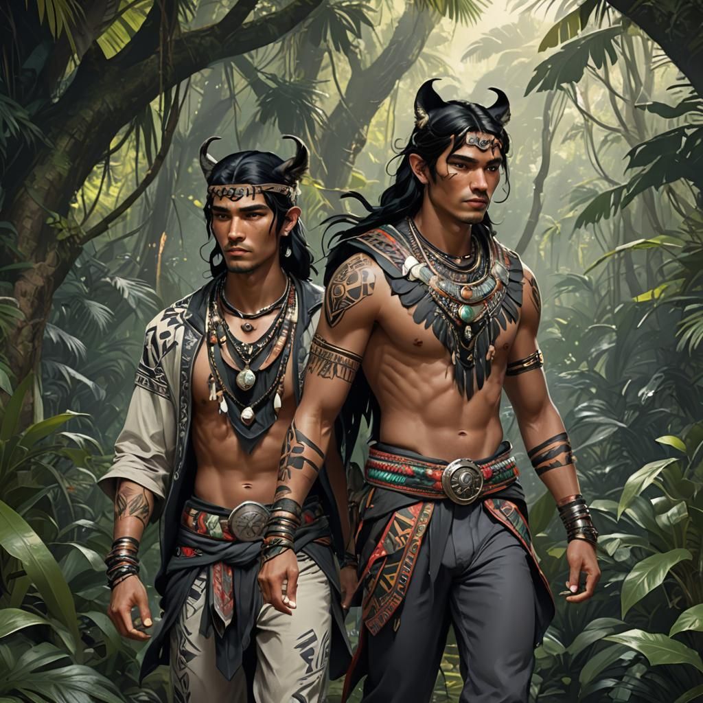 Panther Twins in Jungle, Detailed Digital Portrait