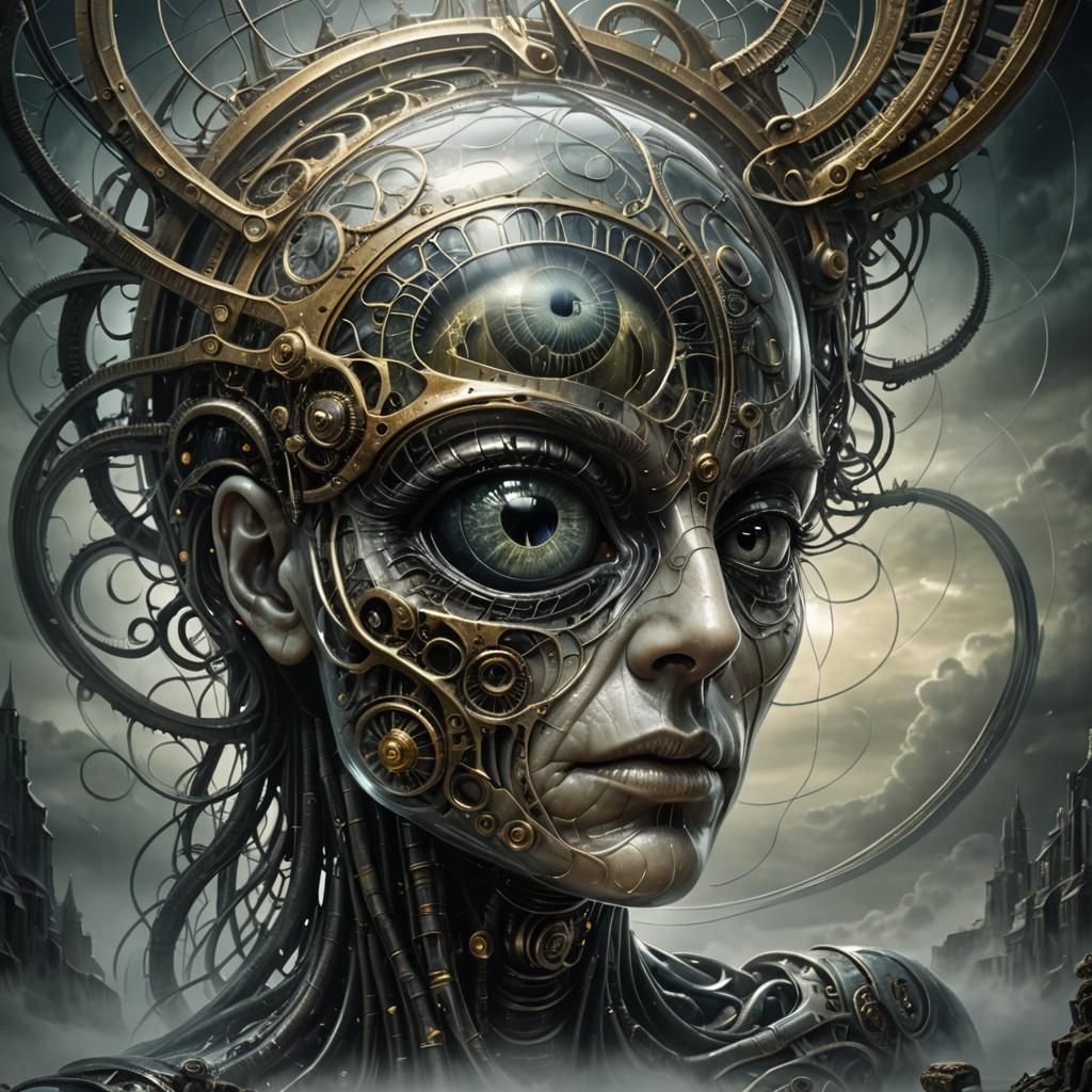 Biomechanical Eye and Brain in Glass, Surreal Art