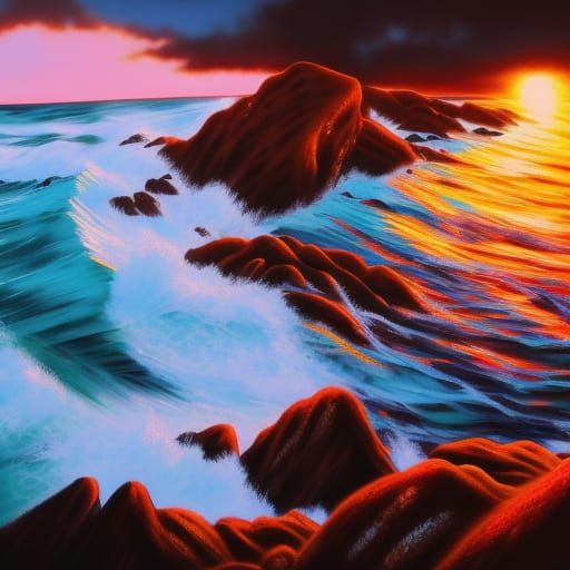 Sunset Waves Crashing on Rocky Shoreline in Acrylic Style