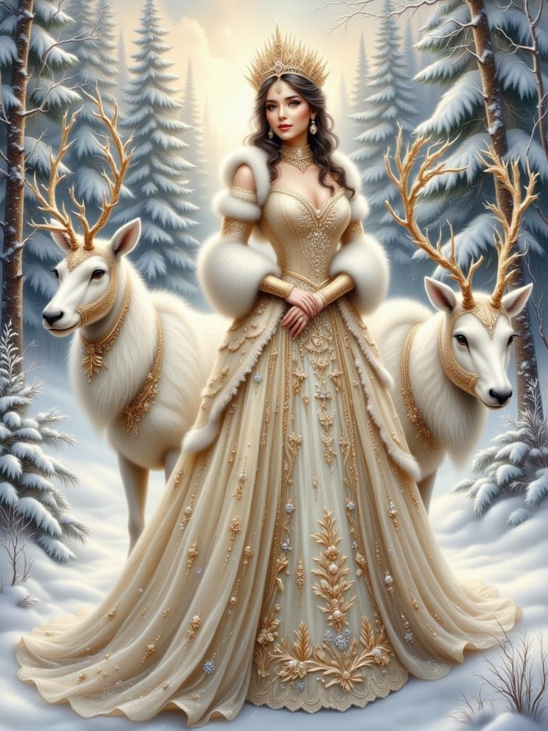 Winter Queen in Snowy Forest, Realistic Oil Painting