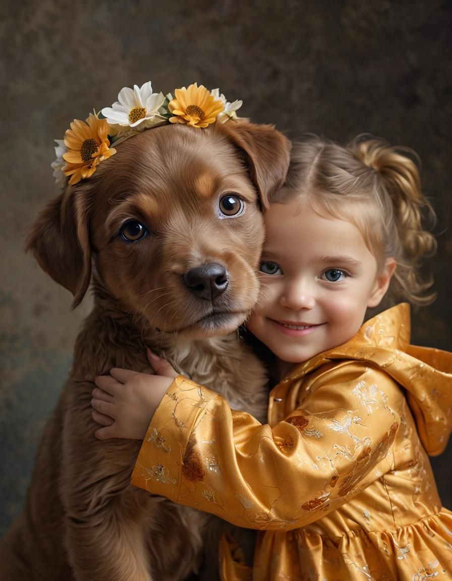Joyful Girl and Puppy Embrace, Fine Art Photography