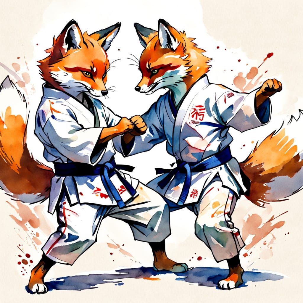 Foxes Practice Karate in Watercolor Sketch
