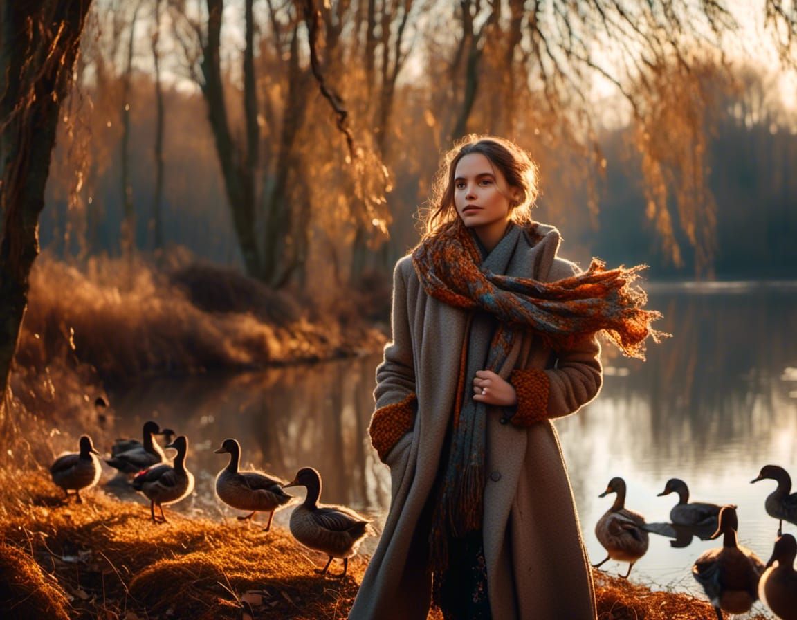 Young Woman by Lake with Ducks, Professional Photography