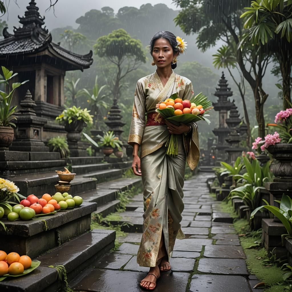 Balinese Woman with Offerings in Rainy Temple Garden