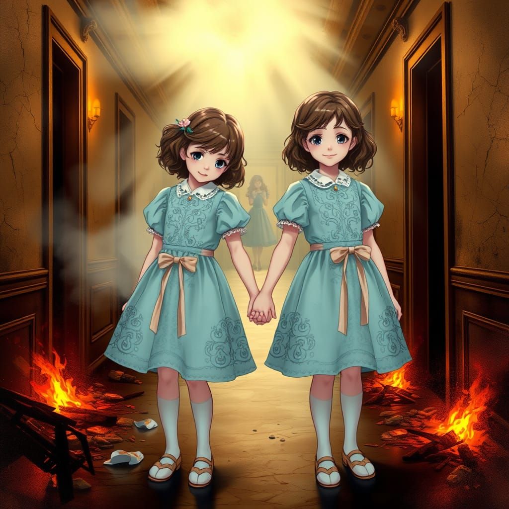 The Shining Grady Twins in Burning Hallway