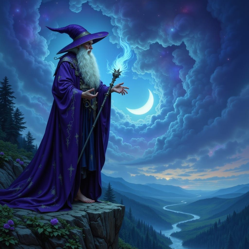Wizard Overlooking Magical Forest at Twilight