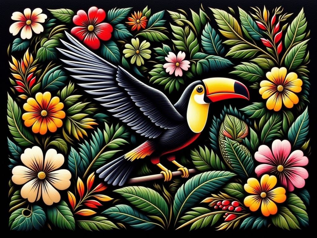 Vibrant Toucan in Amazonian Embroidered Splendor