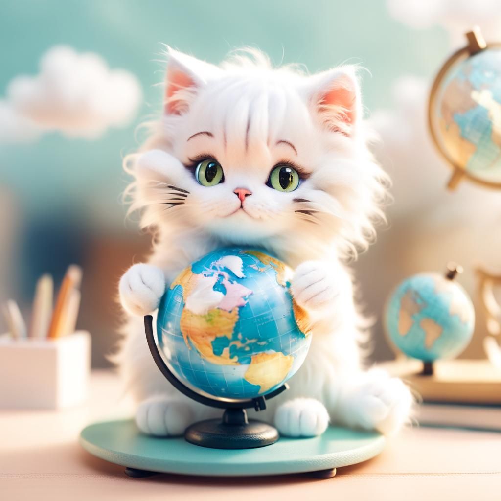 Cute Kitty with Globe in Watercolor Style