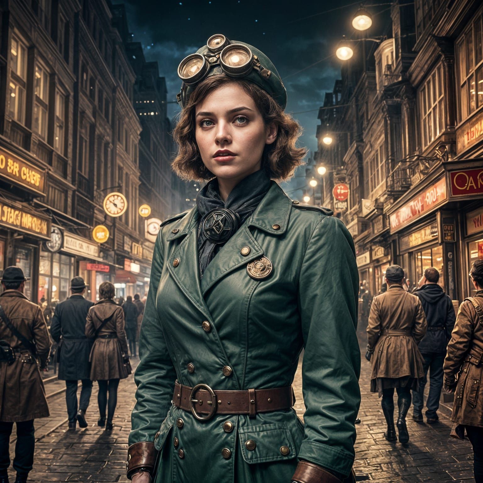 Dieselpunk Young Woman in Crowded City Street