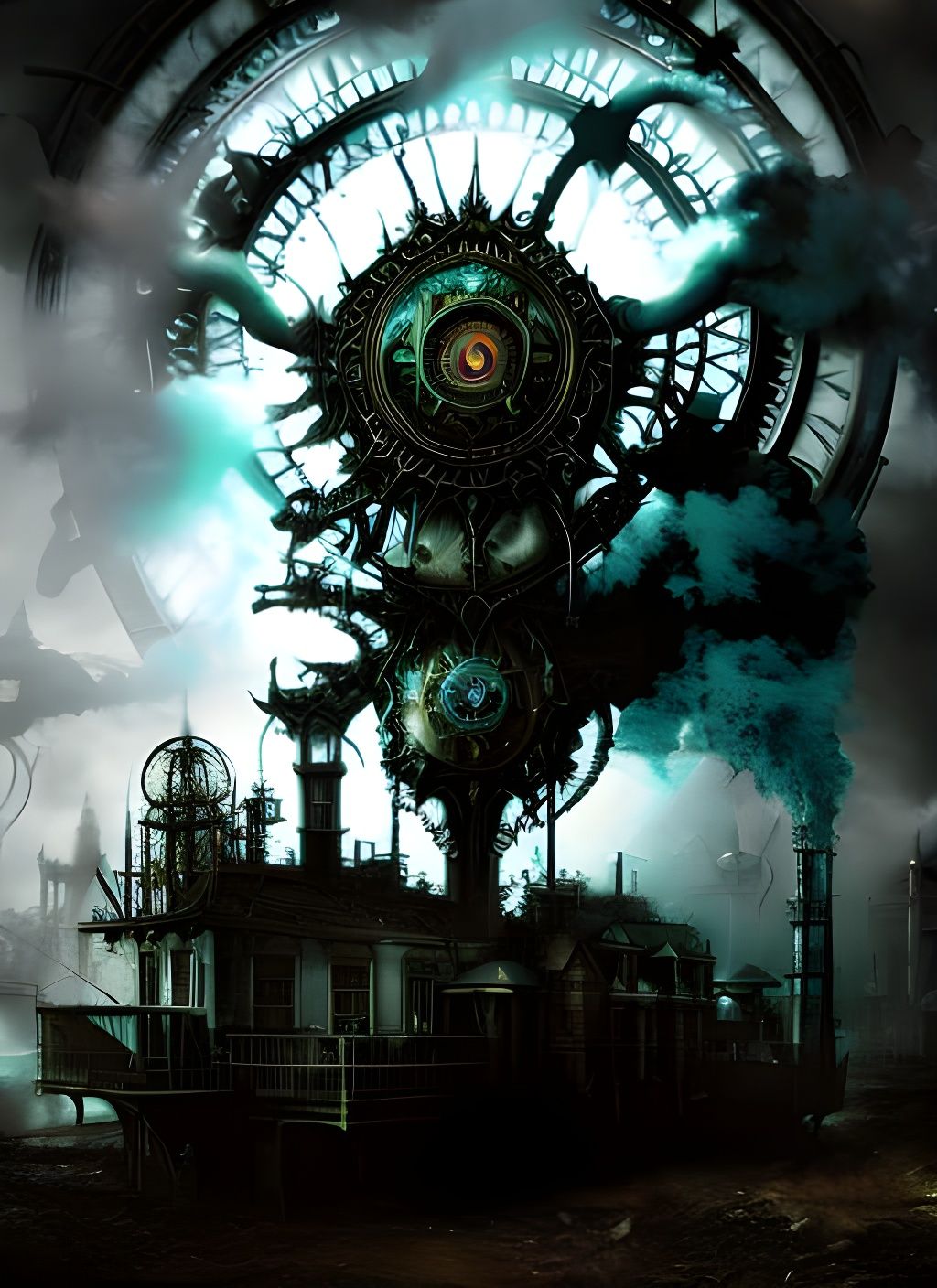 Ornate Steampunk Time Machine with Black Smoke