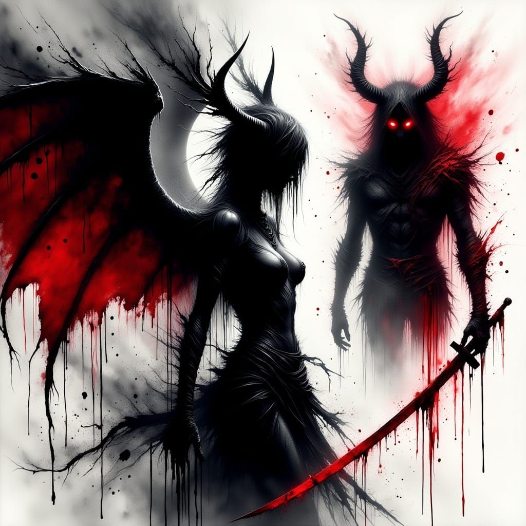 Dark Mystical Realm Silhouetted Demon Queen in Cyberpunk Sty...