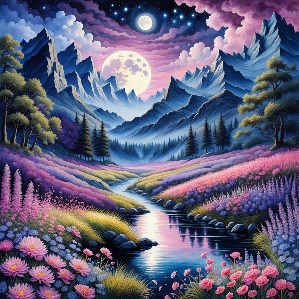 Night Field with Purple Moon in Watercolor Style