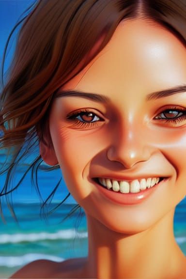 Anime Girl Portrait: Sun-Drenched Beach in Cottagecore Style
