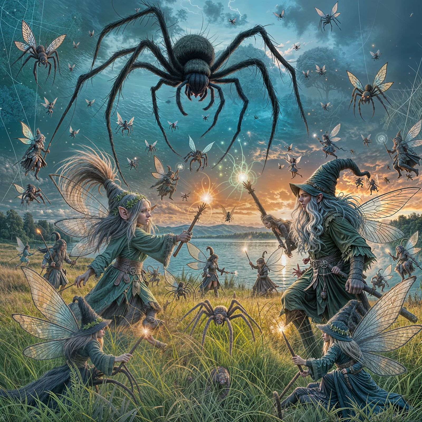 Fairies and Trolls Battle Giant Spiders