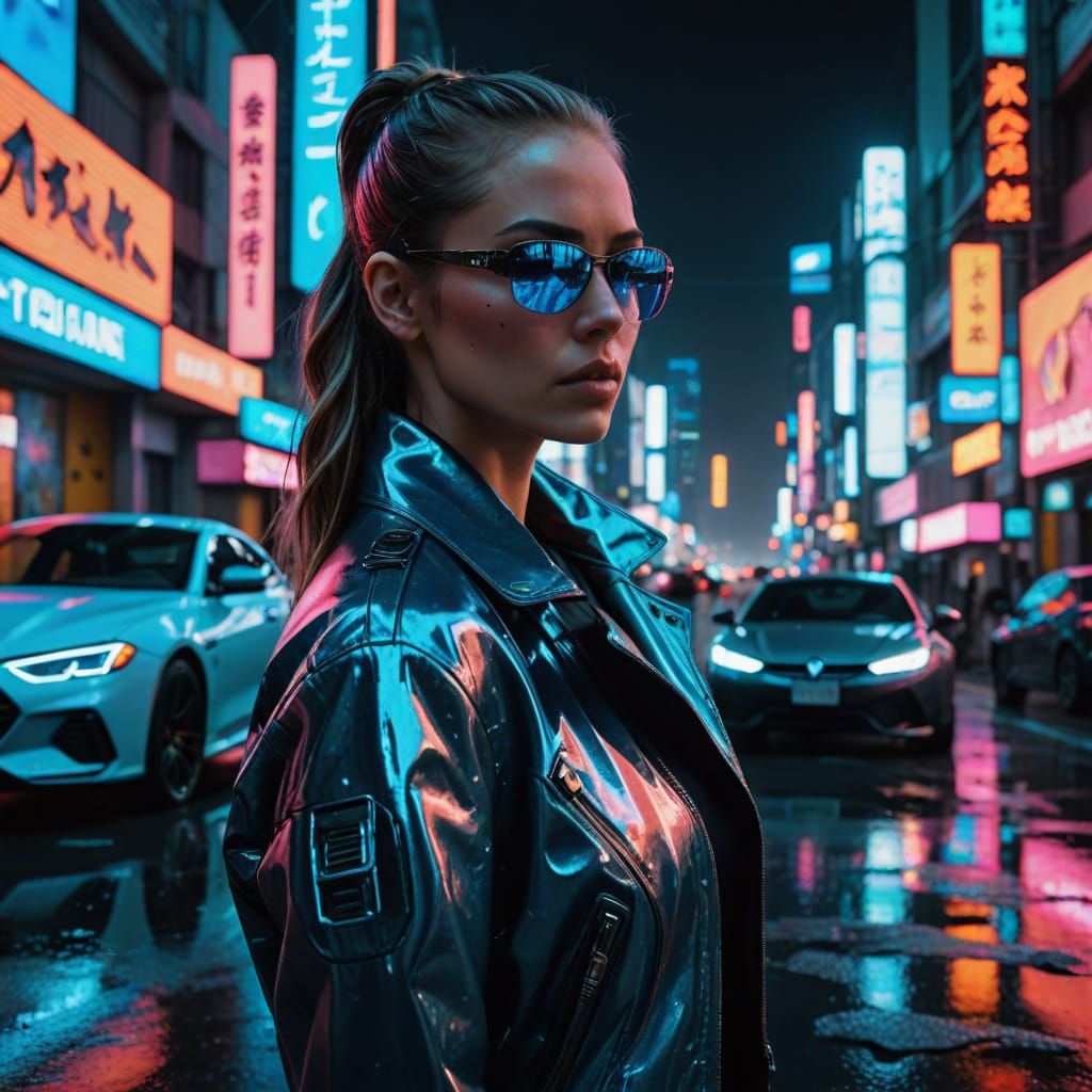 Cyberpunk Woman with Blue Eyes in Neon City
