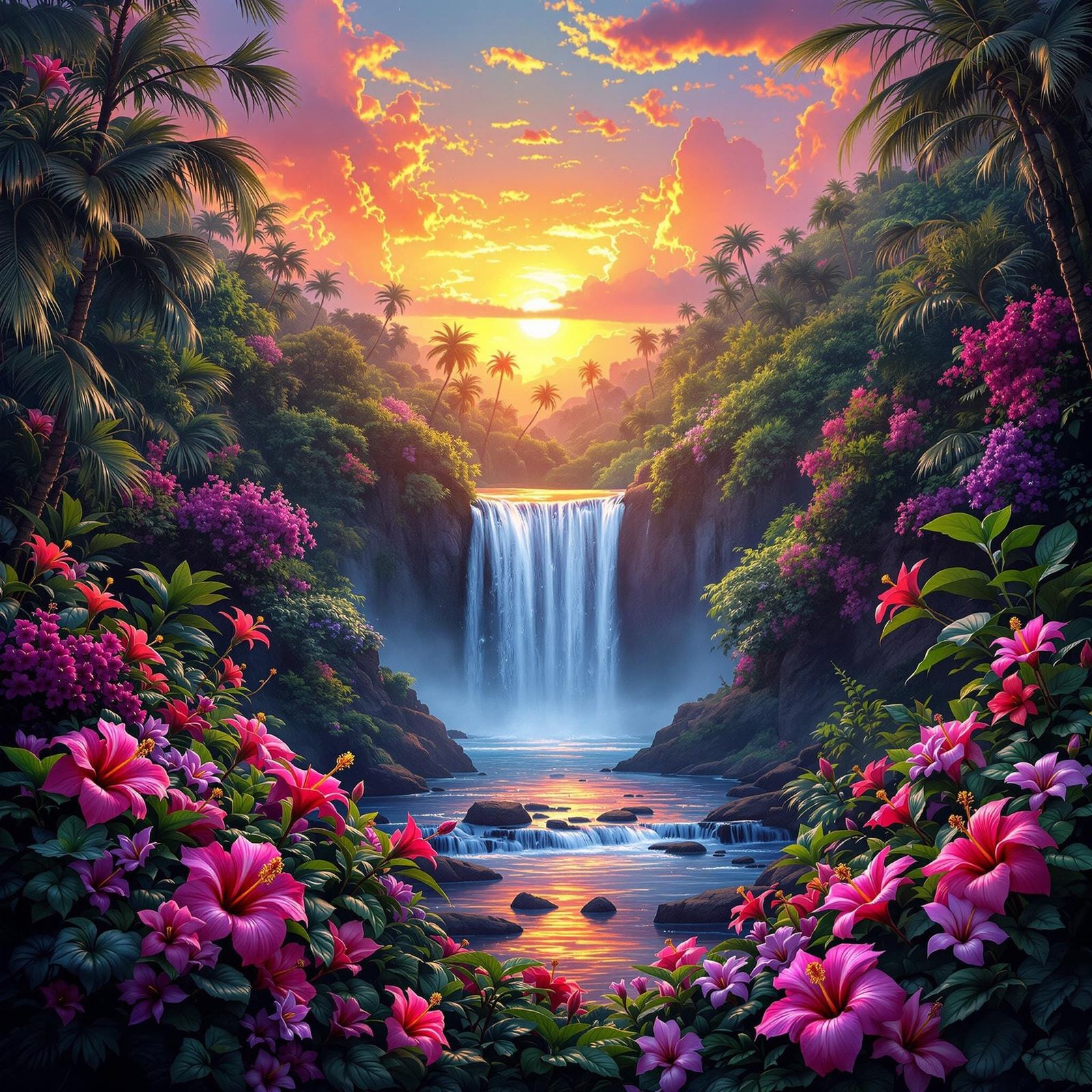 Vibrant Jungle Waterfall at Sunset with Exotic Flowers