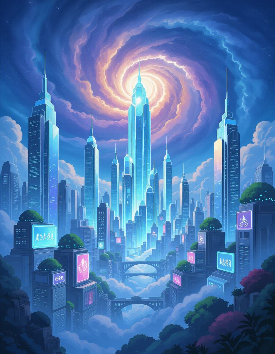 Celestial Crystal Cityscape in Studio Ghibli Style