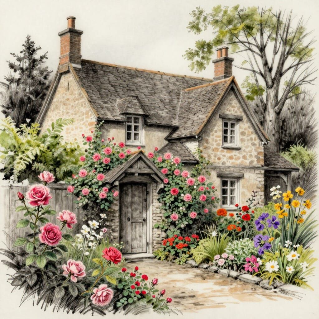 Maximalist Charcoal Sketch of Storybook Homestead and Vibran...