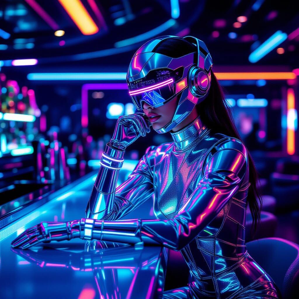 Futuristic Woman in Orbital Lounge, Sci-Fi Art