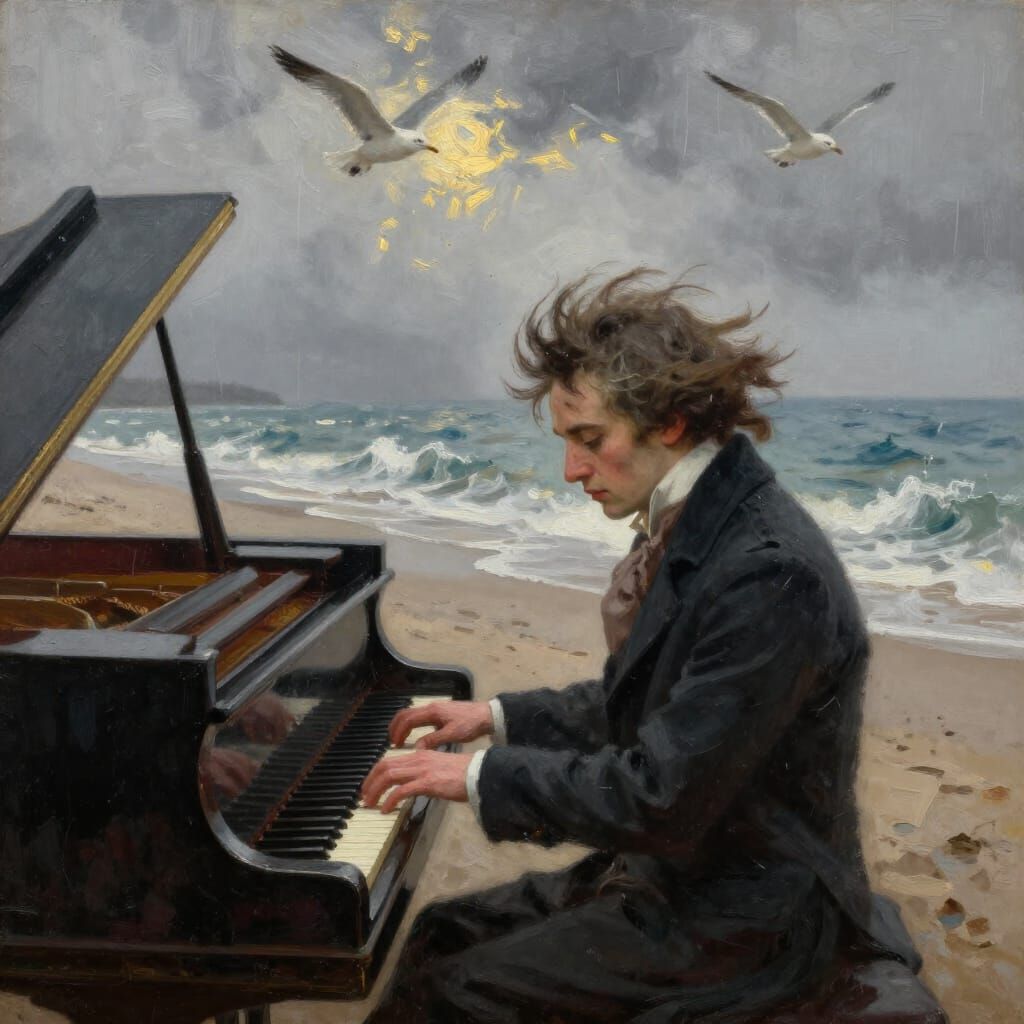 Beethoven Plays Piano on Stormy Beach Oil Painting