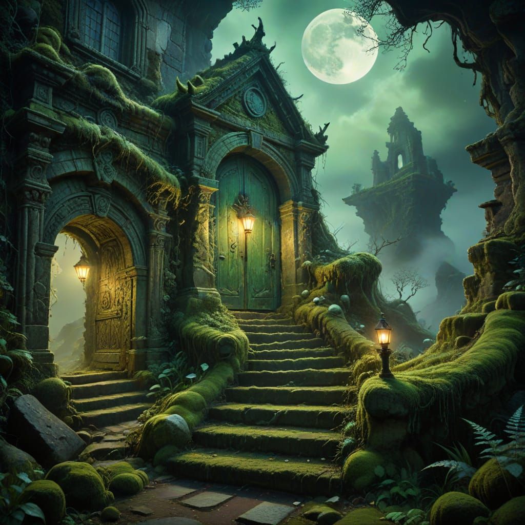 Surreal Staircases Lead to Glowing Moon Door
